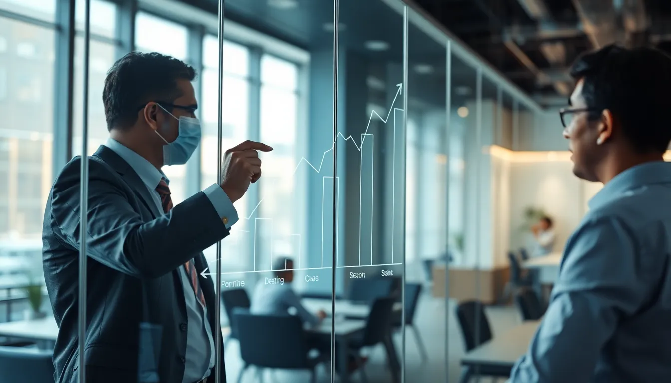 Business coach drawing a growth chart on a glass wall, collaborative office environment, high resolution