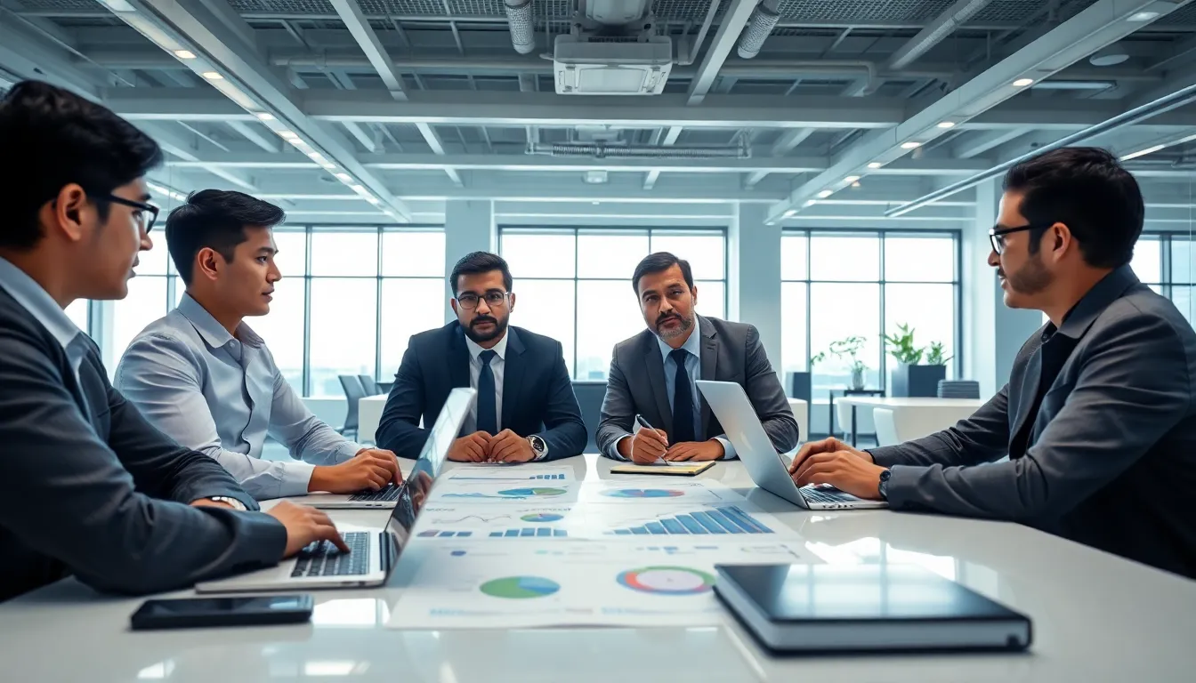 Business strategy meeting with charts and laptops, team discussing growth plans in a modern office