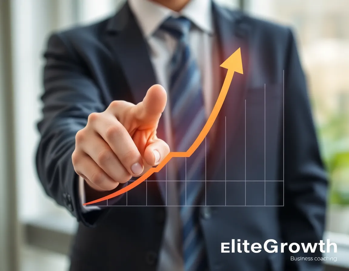 Graph showing exponential growth, business professional pointing at upward trend, digital interface overlay