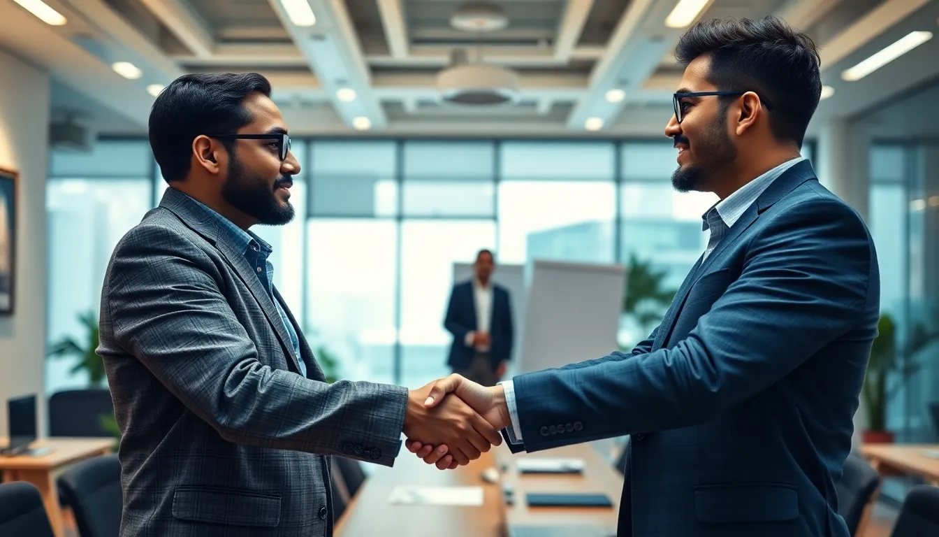 Sales professional shaking hands with a client, closing a deal, professional office setting